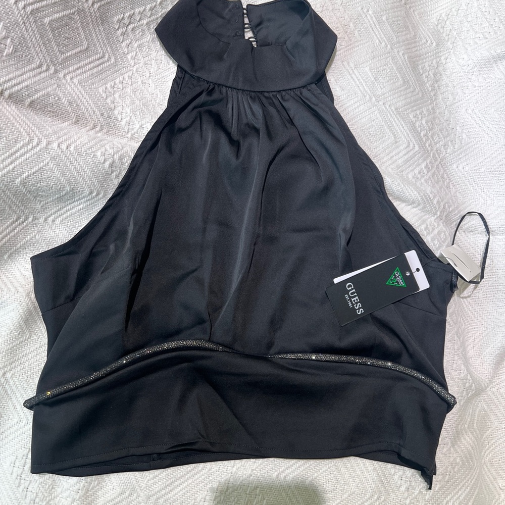 Guess Black Halter Crop Top with Sparkle Trim
